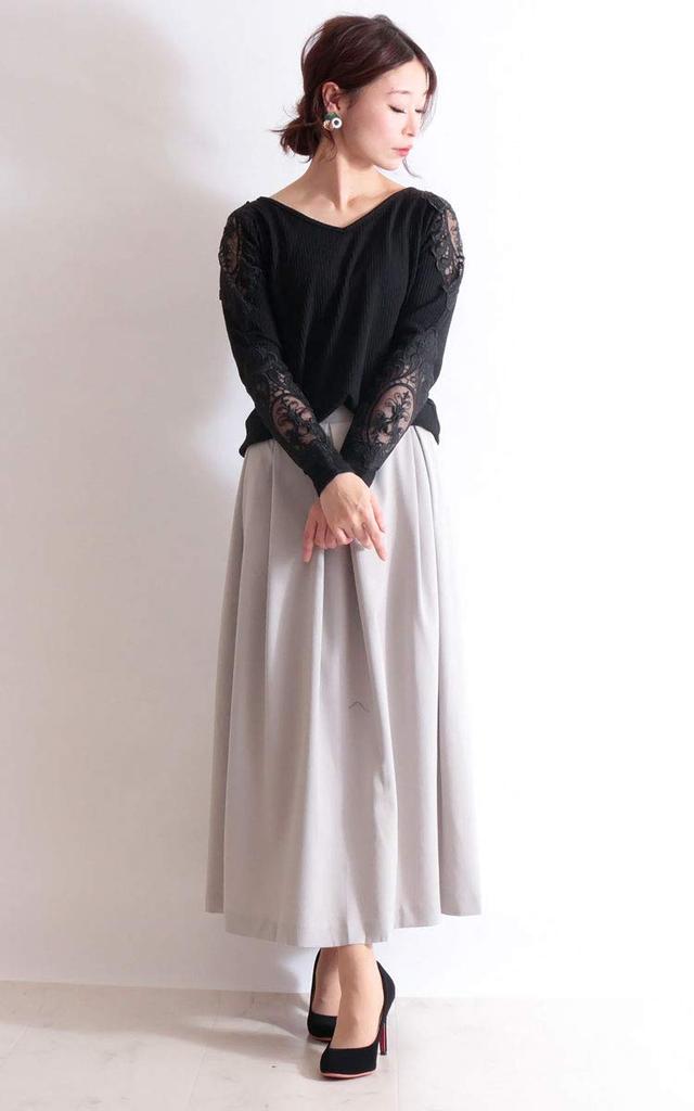 Gold Japan Plus Size Knit Ribbed Long Lace On the Size Black Women's Top, Lace, V-Neck, Sleeves, Stretch, Shoulders, Sheer, Humio-042, LL,