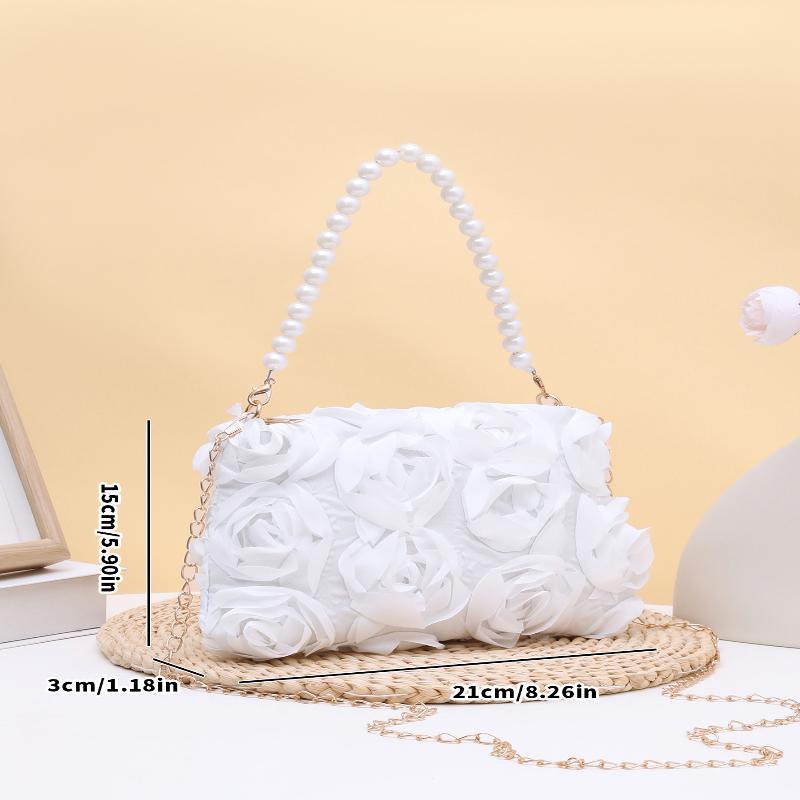 Elegant Women 3D Rose Floral Shoulder Bag Romantic Flower Pattern Pearl Handle Detachable Chain for Prom Graduation
