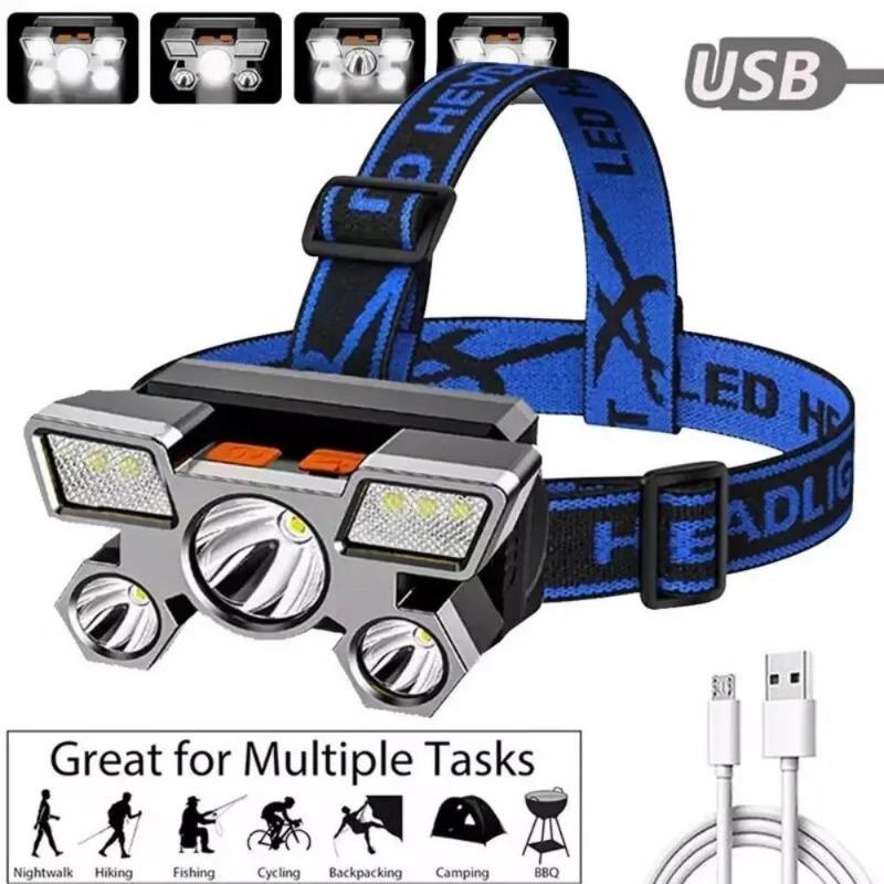 Lampada frontale LED ad alta potenza 5*, Luce super luminosa ricaricabile per pesca e campeggio, Lampada da minatore montata sulla testa a lunga gittata, Torcia elettrica