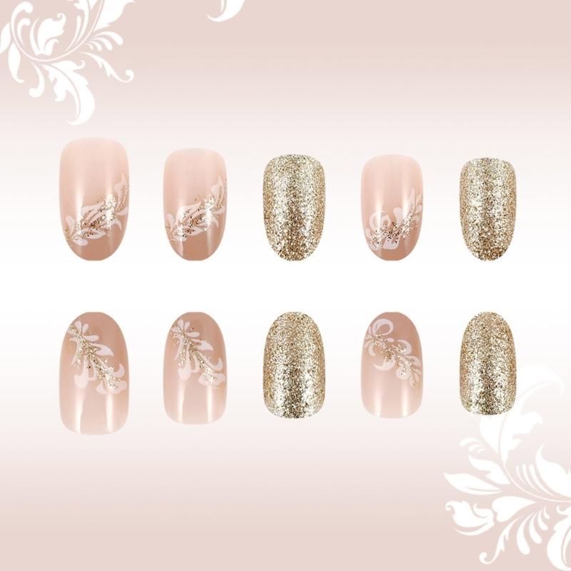 24 Pcs Sweet Flowers False Nail Fashion Artificial Nail Glittering Full Cover Stick on Nail Short Oval Press On Nail