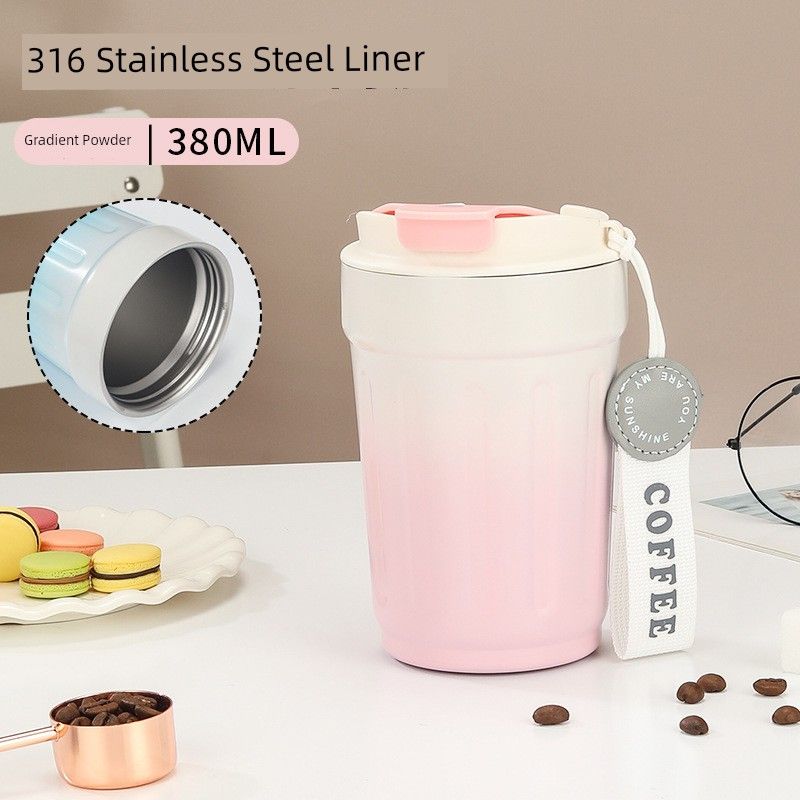 

New Ceramic Inner Coffee Cup, Portable Large-Capacity Thermos Cup, Flip-Top Direct Drinking Cup, Portable Car Cup (316 Stainless Steel Liner) Gradient Powder|380 ml