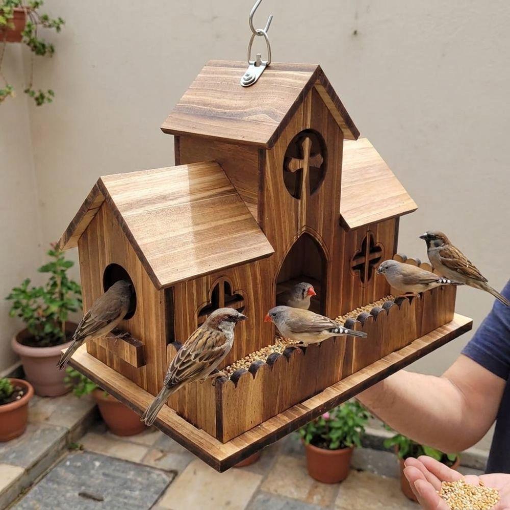 Multiple Holes Bird Hanging Feeder Rustic Style Birdhouse Nesting Feeding Yard Decoration