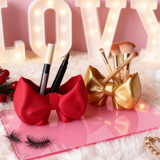 Niedlicher Schleifen-Zahnbürstenhalter Make-up-Pinsel-Organizer Schleifenförmiger Pinselständer Kamm Stiftehalter für Badezimmer Waschtisch Arbeitsplatte