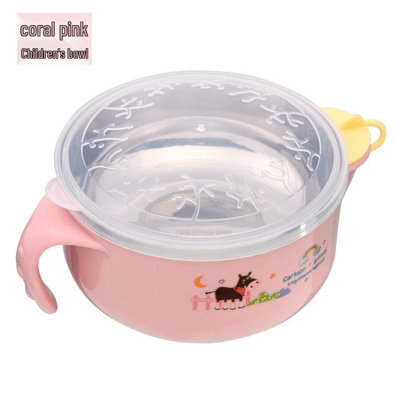 Stainless Steel Insulated Baby Bowl with Lid and Spoon - Double Handle Cartoon Design