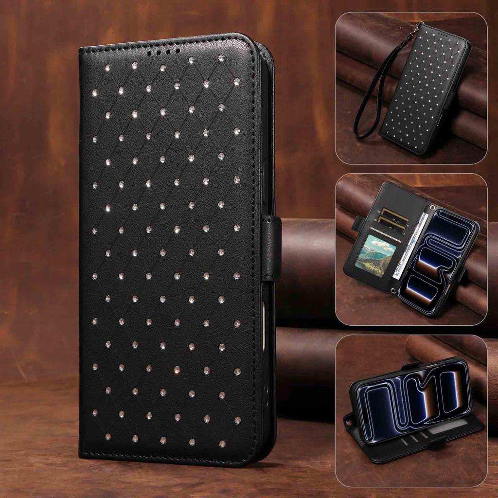 Suitable for Apple17Diamond-embellished starry sky leather case16E Card slot phone case15Plus Flip14Protective Sleeve