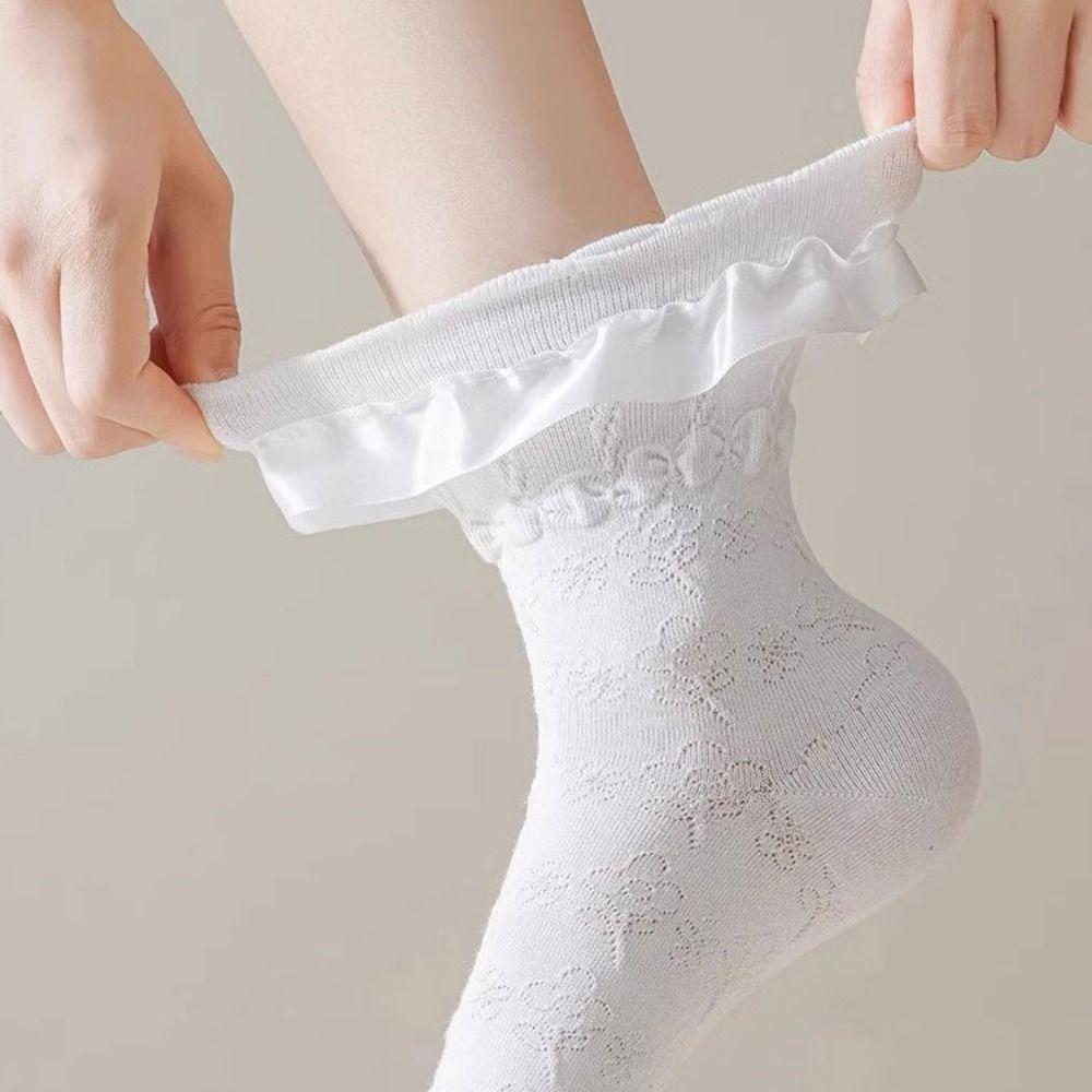 Breathable Lolita Stockings Black White JK Mid-calf Socks Lace-trimmed Stockings For Women Girls