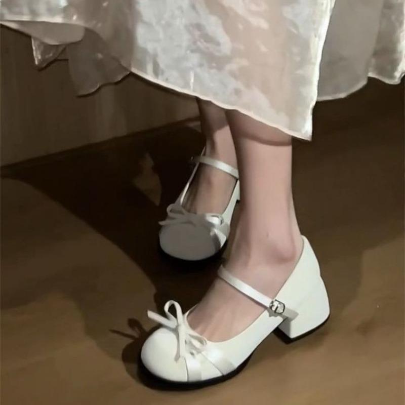 Hochwertige dickabsatzige kleine Lederschuhe für Damenfrühling, vielseitiger College-Stil mit Schleife, Mary Jane Schuhe