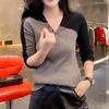 Women's Spring Autumn V-neck Long Sleeve Clothing Pullovers Patchwork Color Blocking Knitting Button Bottoming Shirt
