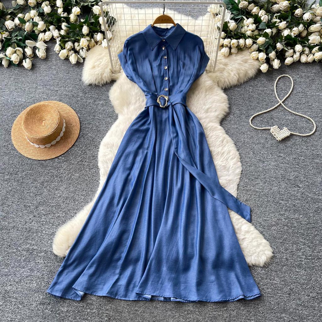 French retro V-neck metal buckle sleeveless dress for women's summer waist and thin elegant temperament long dress