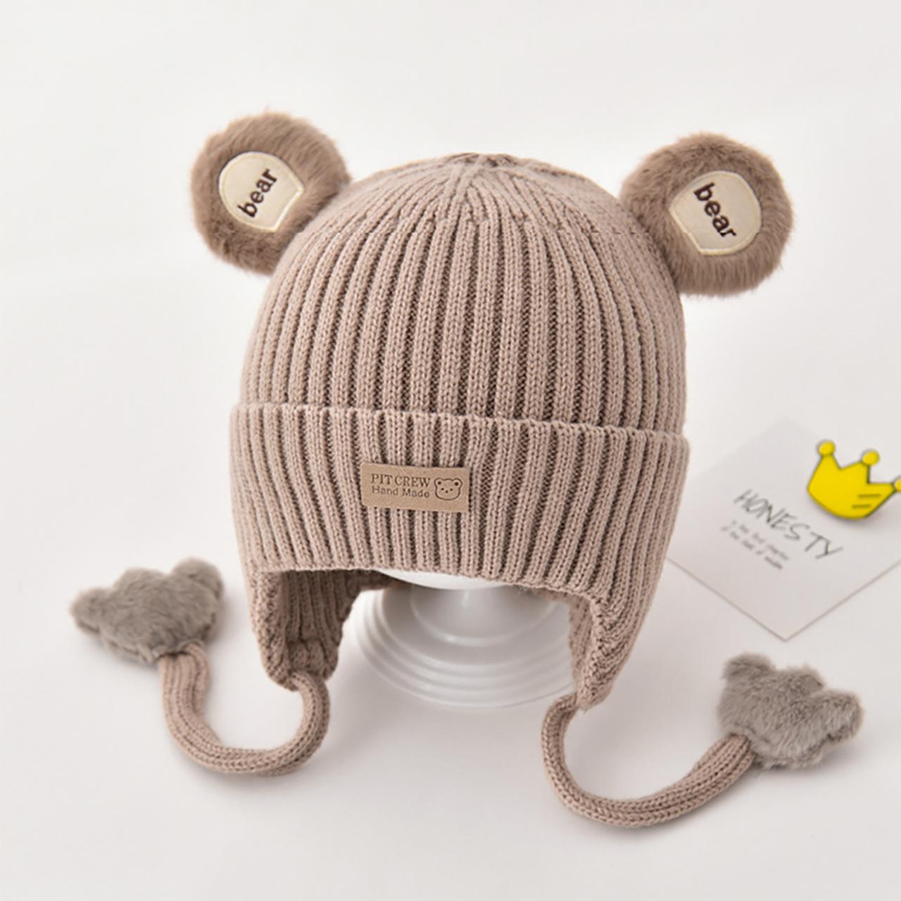 

Зимняя шапка для защиты ушей Теплая Толстая Вязаная Милый Медведь Детская Защита от холода Хлопковая подкладка На шнуровке Младенец Малыш Шапка-бини 45-50cm fit 6-36M хаки