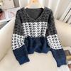 Women's Houndstooth V-Neck Loose Sweater