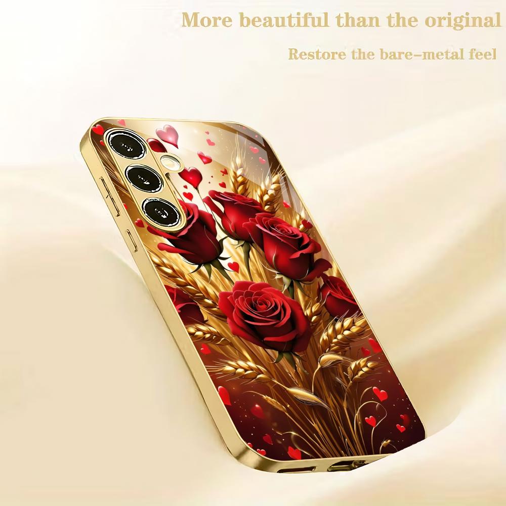 Red rose gold plated glass phone case suitable for Samsung Galaxy S26 S25 S24 S23 S22 S21 S20 FE/Ultra/Plus anti drop back cover