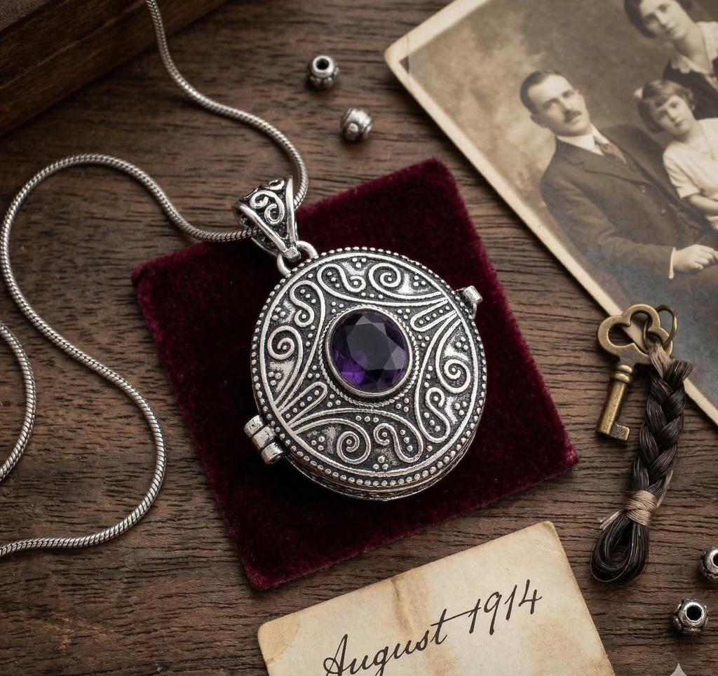 Vintage Oxidized Silver Round Locket Pendant with Purple Amethyst Gemstone  Intricate Filigree Swirl Design, Boho Ethnic Style Jewelry