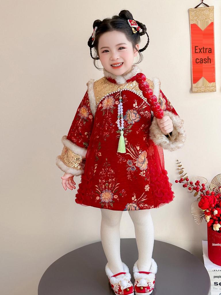 Jupe Hanfu Qipao Festive d'Hiver pour Filles - Style Chinois Épais pour le Nouvel An Combinaison Tang Vêtement Formel