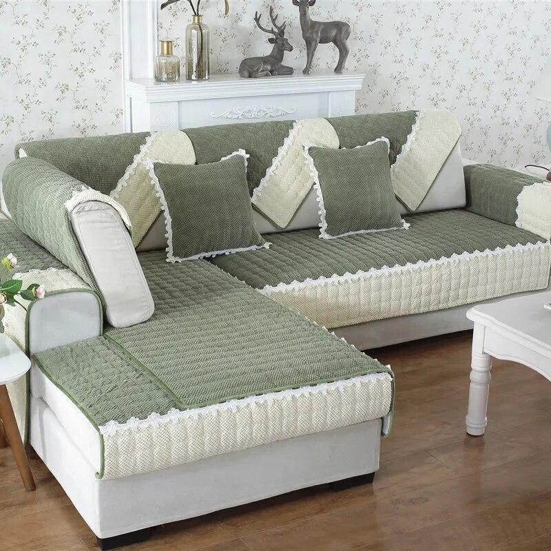 Winter Thicken Plush Sofa Cover White Wide Edge  Chaise Lounge Sofa Towel Mat Modern Non-Slip Couch Cover Cushions Living Room