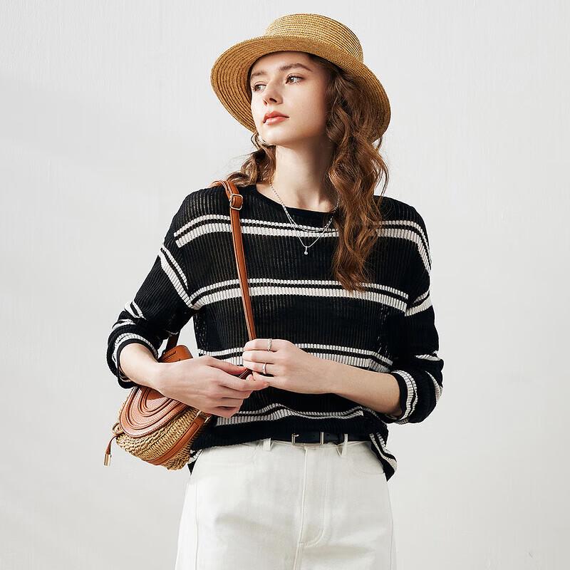 Women's Round Neck Striped Linen Blend Long Sleeve Loose Fit Top