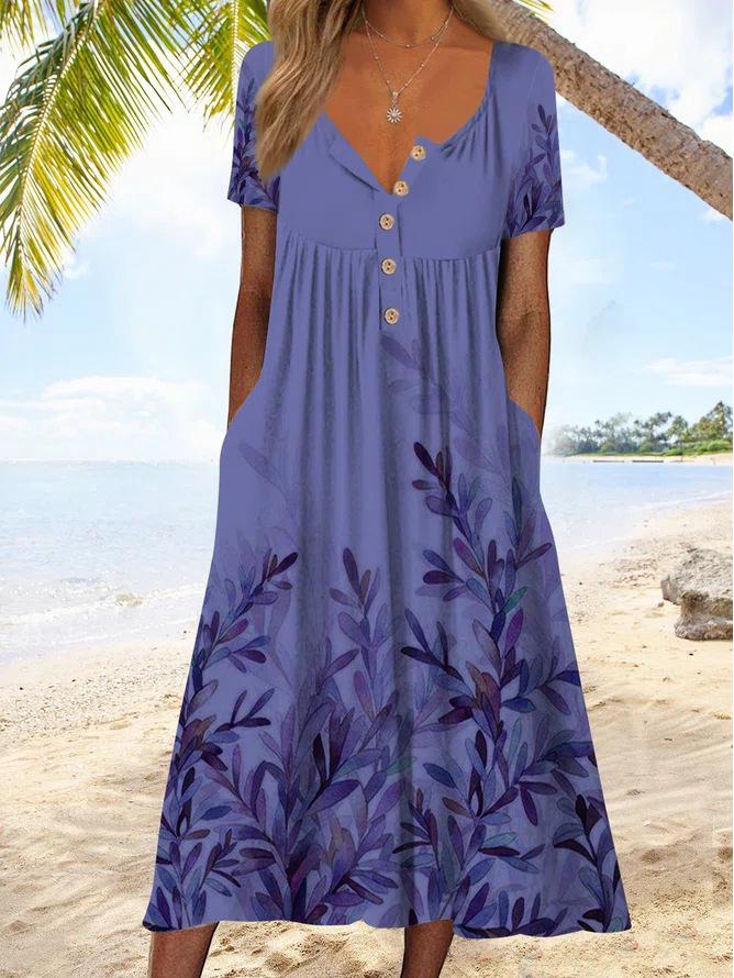 2026 Spring V-Neck Button Short-Sleeve Maxi Dress with Pockets