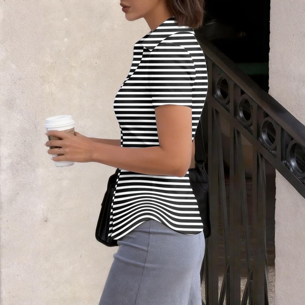 Women Short Sleeve Collared Shirt Slim Fit Button Down Casual Office Workwear Blouse Stretch Fabric Summer Top