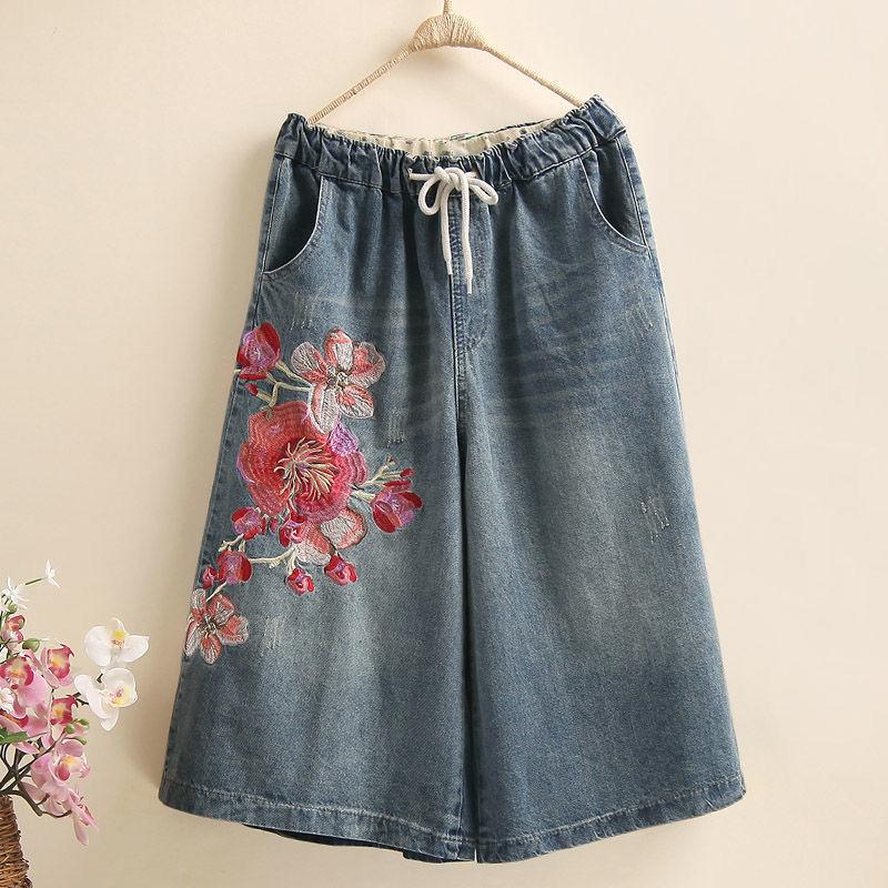 Summer Retro Embroidered Commuter Loose Large Size High Waist Seven Quarter Cowboy Wide Leg Skirts and Pants for Women