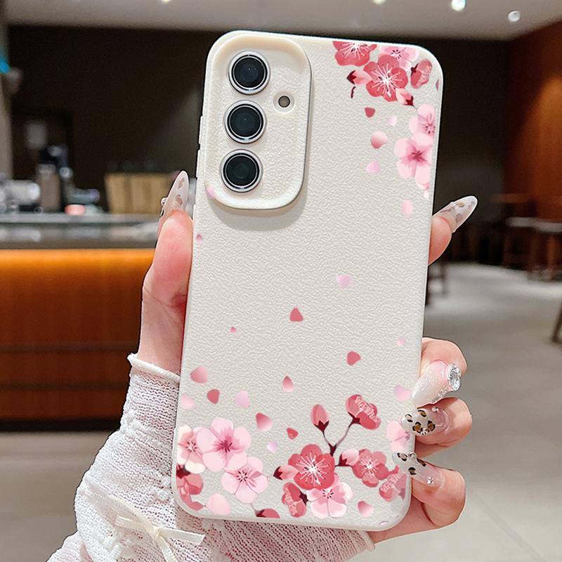 

Для Samsung S25 Ultra S24 FE S23 S22 A56 A36 A16 A15 A55 чехол с рисунком в виде цветка сакуры тонкий мягкий чехол из ТПУ с текстурой из кожи противоударный матовый чехол для телефона Samsung A53 бежевый/белый