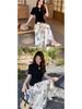 2026 Spring Chinese-Inspired Black Frog Button Top & Floral Silk Skirt Set for Women