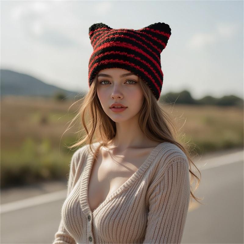 Liten Djevel Strikket Lue Dame Høst Vinter Lue Søte Ører Strikket Lue for Ulike Aldre