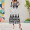 Women Plus Size V Neck Long Sleeve Black White Printed A Line Midi Dress With Pockets