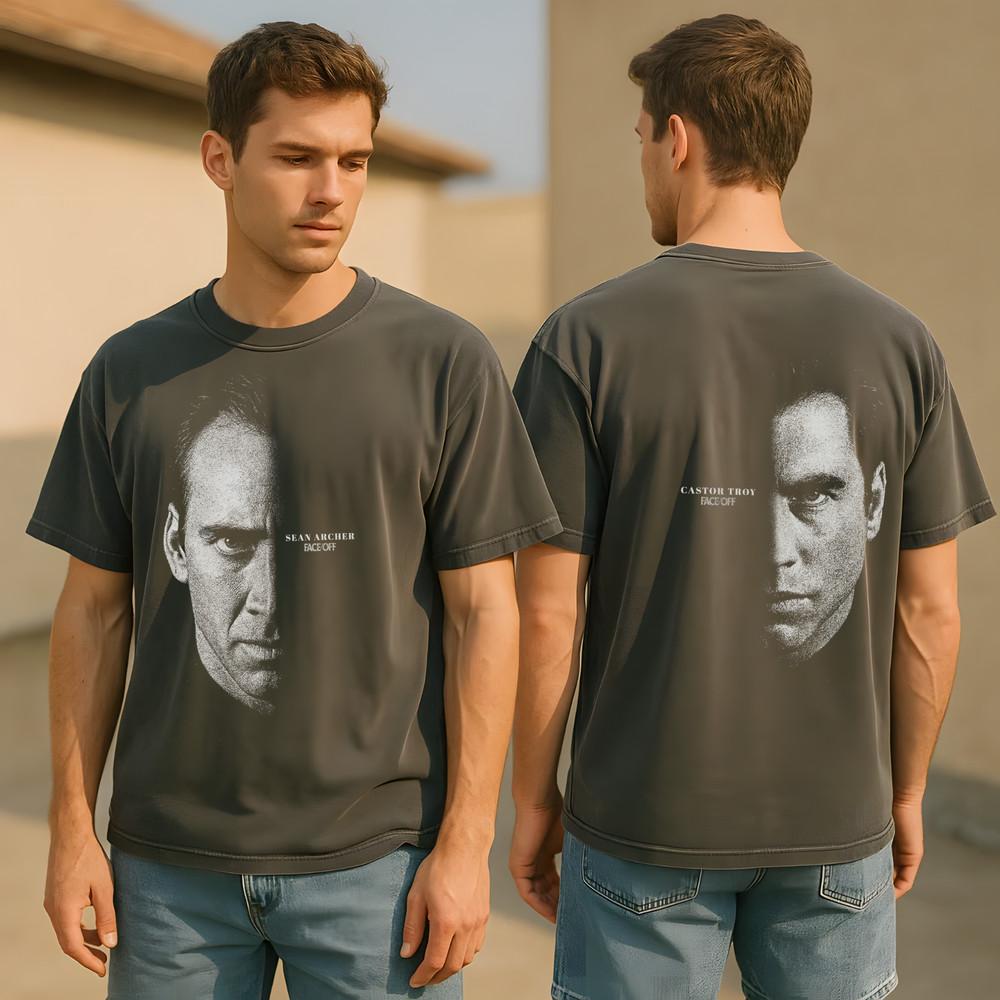 

Face/Off Shirt 90s Action Movie Tee Cage Travolta TwoSided Distressed Gift Unisex T-Shirt XXL