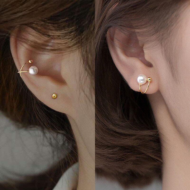 Crossed Highlighted Pearl Ear Clip Without Ear Piercing - A Unique Design Ear Bar Clip with Minimalist Style - Luxurious Ear Jewelry
