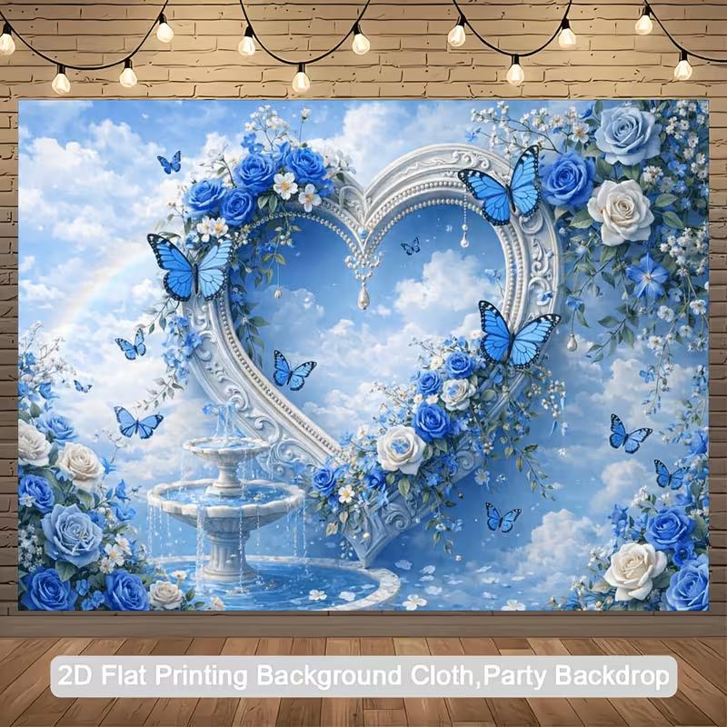 Magical Sky Backdrop, Blue Roses & Butterflies Photo Banner for Events 47.2x31.5inch/120*80cm