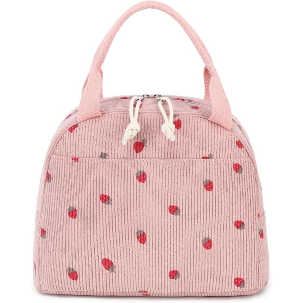 

Cute Corduroy Lunch Bag Strawberry Pattern Insulated Design Picnic Tote Bags Large Capacity Reusable Food Pouch for Work Travel розовый