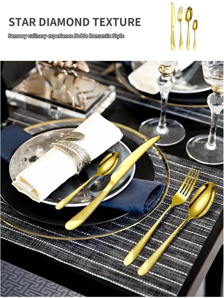 Zestaw 24-częściowej, pozłacanej zastawy stołowej ze stali nierdzewnej o wysokiej wartości: Zestaw noży, widelców i łyżek dla 6 osób, z motywem gwiazdy i diamentu, w pudełku prezentowym.