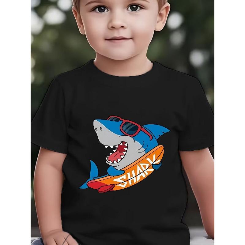 Boys Summer Crewneck T-Shirt, Cute Cartoon Shark Surfboard Print Breathable Short Sleeve Casual Tee