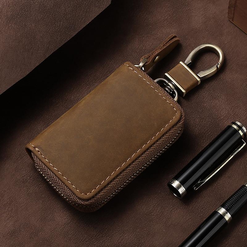 Leather Car Key Case With Foldable Design And Vintage Style For Men And Women
