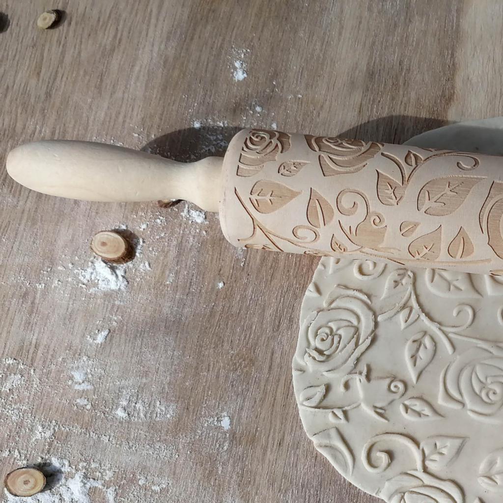 Wooden Rolling Pin, Rose Flower Embossed Engraved Carved Rolling Pin