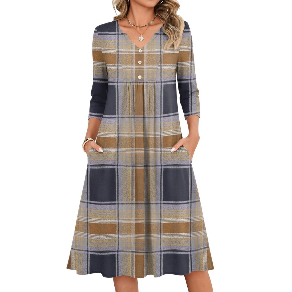 Damen Casual V-Ausschnitt Karomuster Dreiviertelarm Kleid für den Alltag