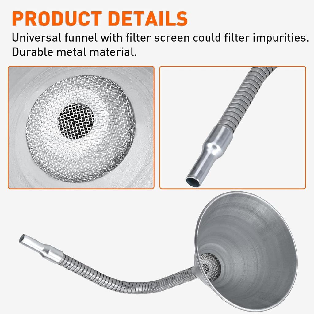 Steel Bendable Universal Spout Funnel with Filter and Flexible Pipe - Galvanized for All Automotive Oils, Diesel Fuel and Other Liquids - Silver
