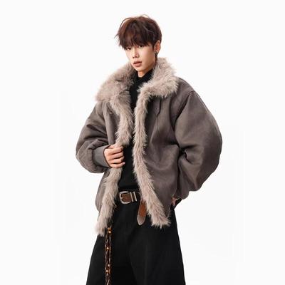 QOTRIOCK Vintage Deconstructed Fur Collar Cotton Jacket