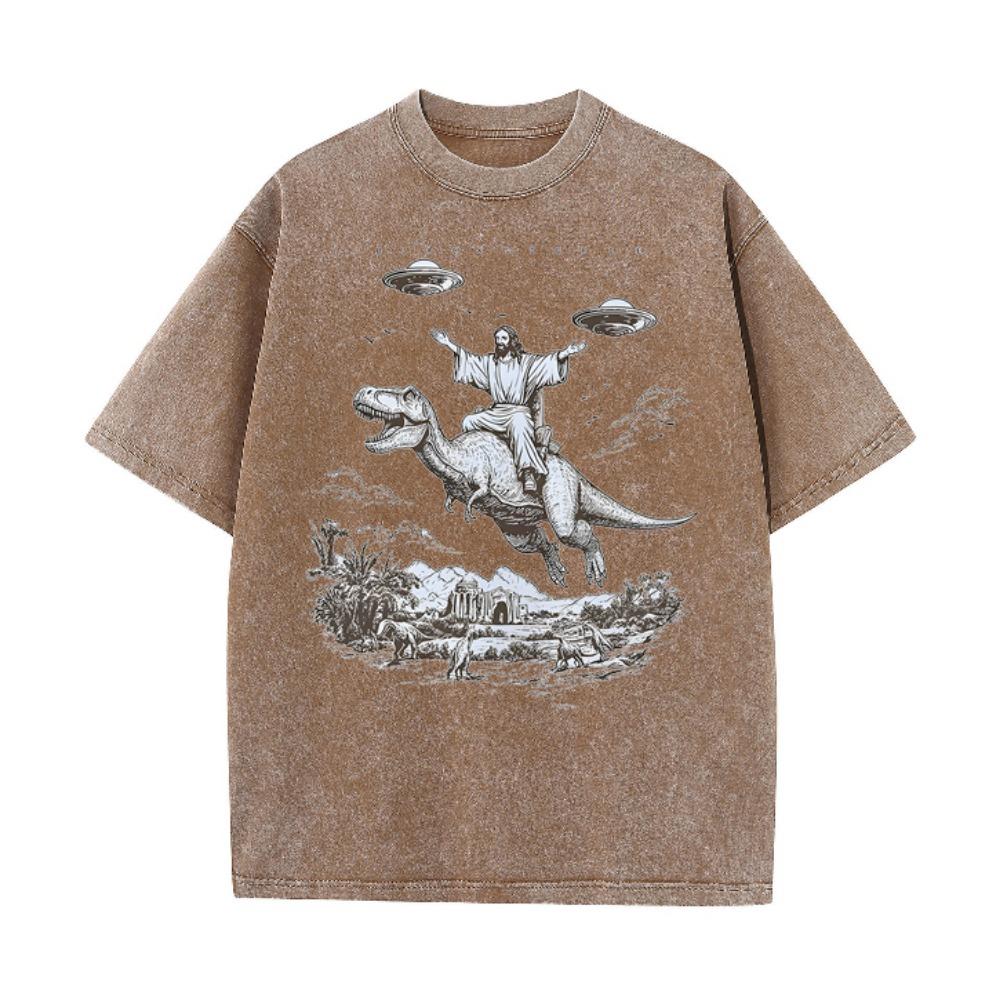 Vintage Washed Distressed T Shirt Cartoon Dinosaur Print Unisex Short Sleeve Tee Streetwear Student Vacation Tops