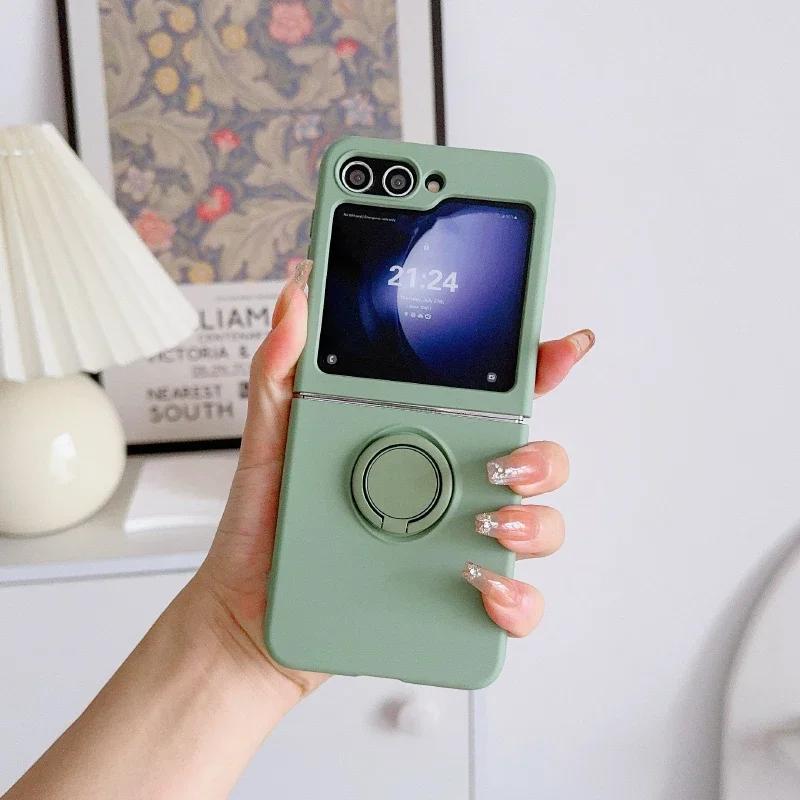 Simple Solid Color Rotating Ring Bracket Phone Case For Samsung Galaxy Z Flip 7 6 5 4 3 Soft Silicone Shockproof Protector Cover