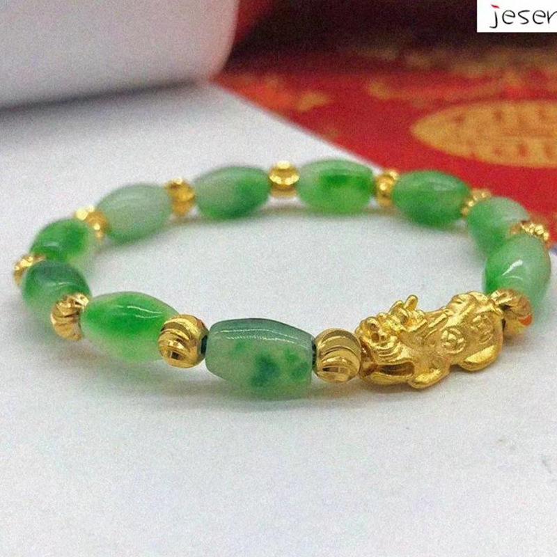Vietnamese Sand Gold Jade Pixiu Bracelet for Men and Women - Copper Gold-Plated Beads, Imitation Hard Gold Pixiu Design.