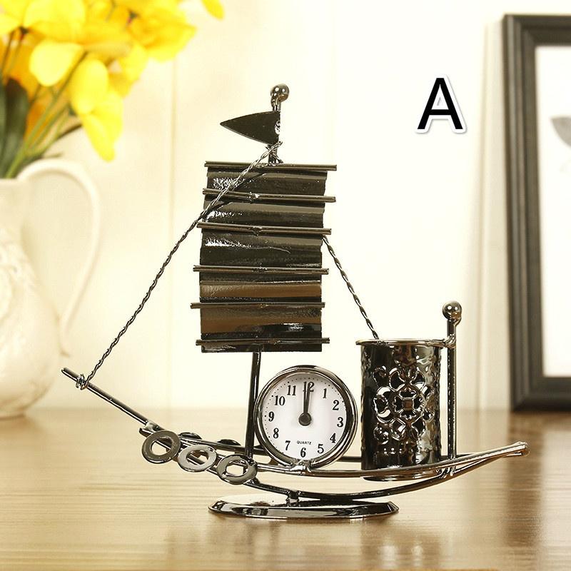 1pcs Creative Iron Art Clock Crafts Sailing Pen Holder Multi-function Living Room Decoration Student