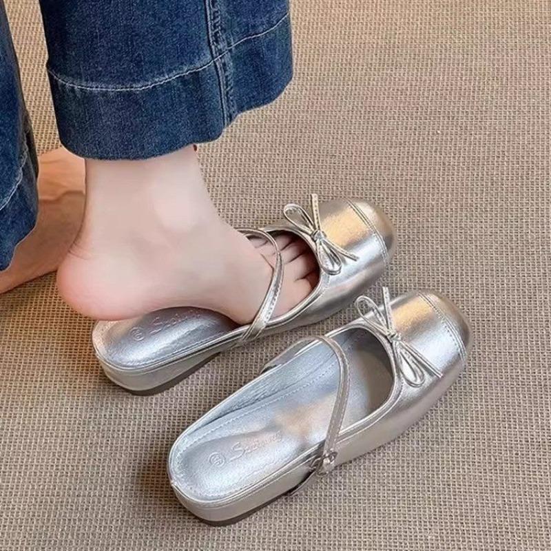 Silver bow-tie ballet shoes for women's summer wear, one-word with half slippers, inner height increase, light mouth single slippers
