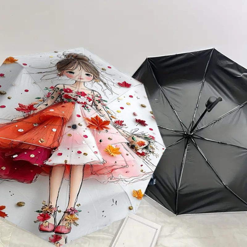 1pc Autumn Leaves Automatic Open/Close Umbrella Compact Folding Umbrella with 8-Rib Shaft for Women/Men, Elegant Birthday1226S