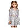 Kinder Mädchen Funkelndes Pailletten Bühnen Set Revers Langarm Ein-Knopf Crop Cardigan Jacke und Faltenrock 2-teiliges Auftritts Outfit