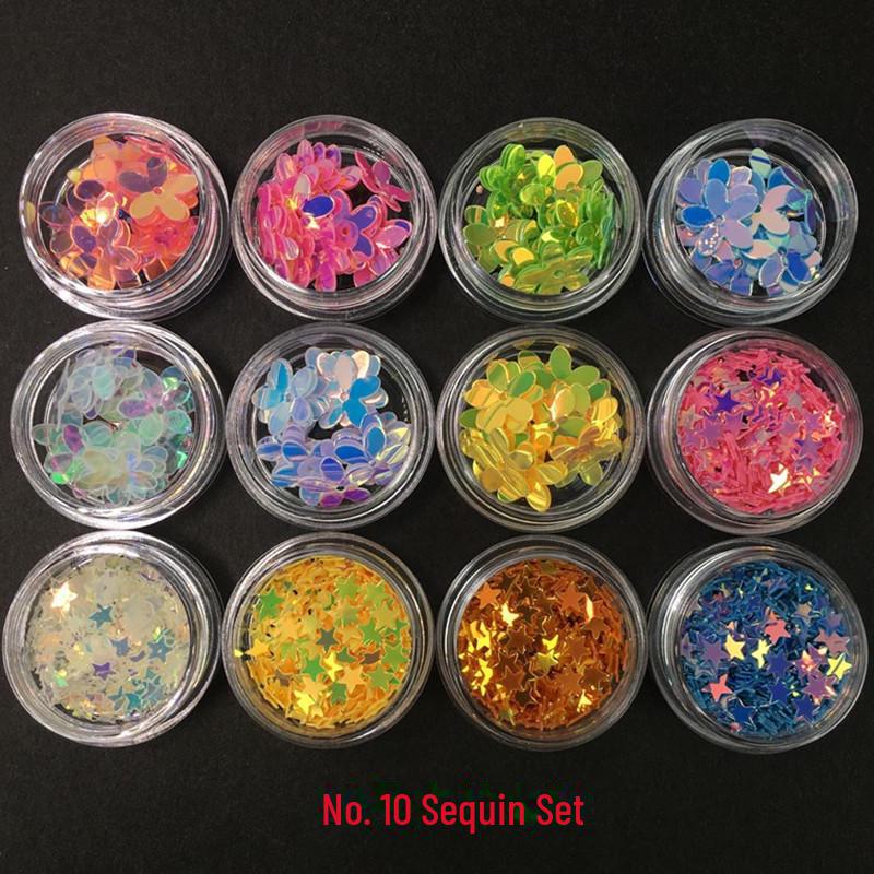 Nail Art Glitter Sequins Set: 12 Colors - Plum Blossom, Star, Hexagonal, Heart