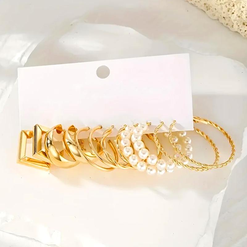 6 Pièces/Ensemble Boucles d'oreilles en métal Tendance Alliage de couleur or Or Géométrique Fausse perle Mode Boucles d'oreilles pour femmes en forme de C