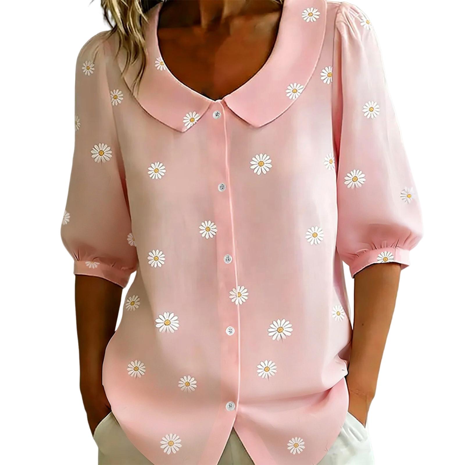 

Loose Fit Women s Blouse Bubble Sleeve Floral Print Shirt with Doll Collar Button Down Front Casual Top M рожевий