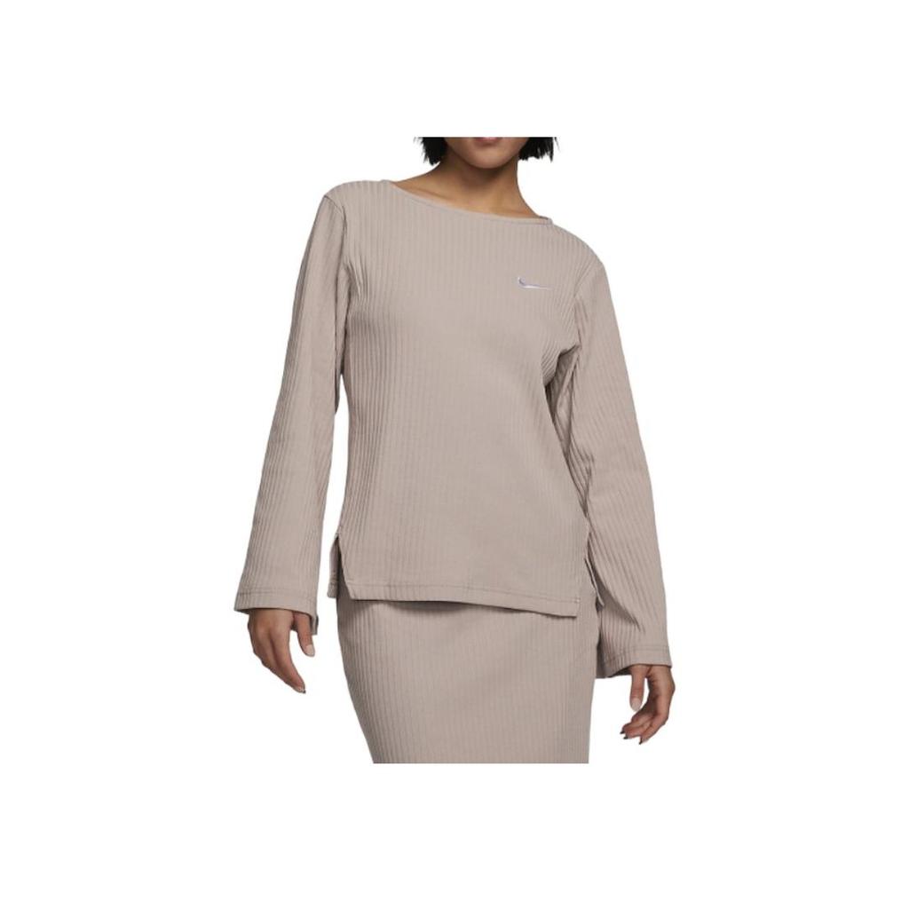 Nike Solid Color Round Neck Long Sleeve T-Shirt Women Tops Light-Brown DV7867-272