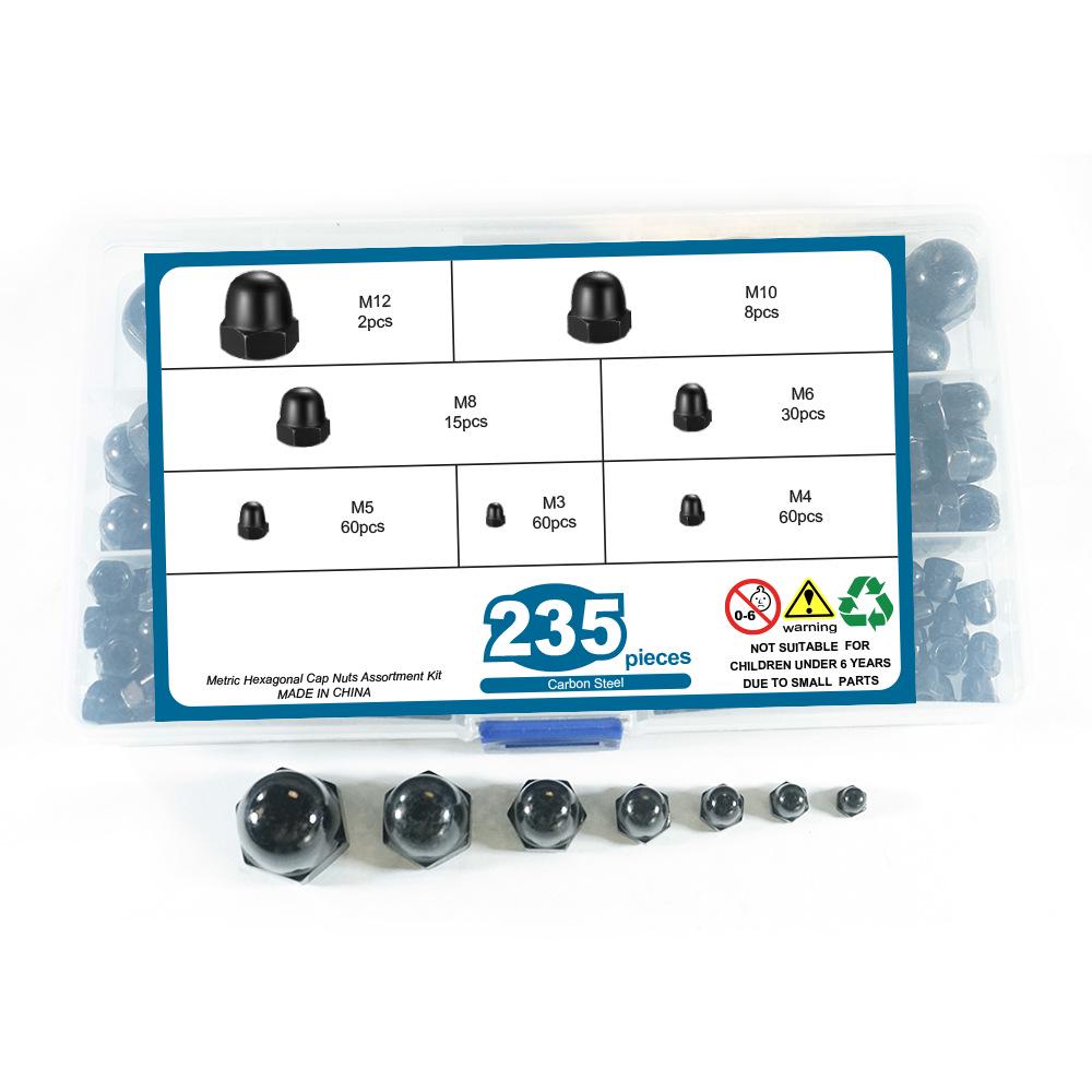 

235-Piece Carbon Steel Black Dome Head Nut Set (M3-M12)